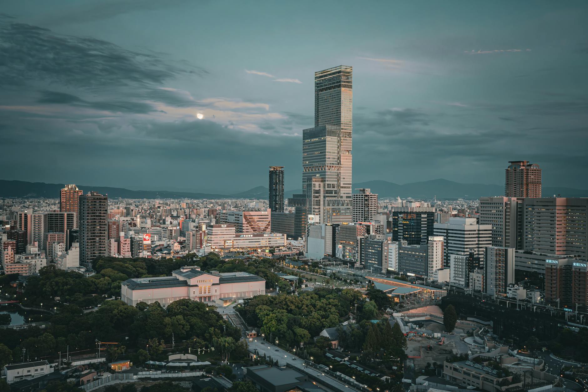 Osaka city skyline featuring Abeno Harukas observation deck at twilight