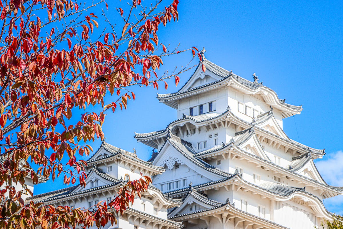 Himeji Castle surrounded by autumn leaves — a rewarding day trip from Osaka