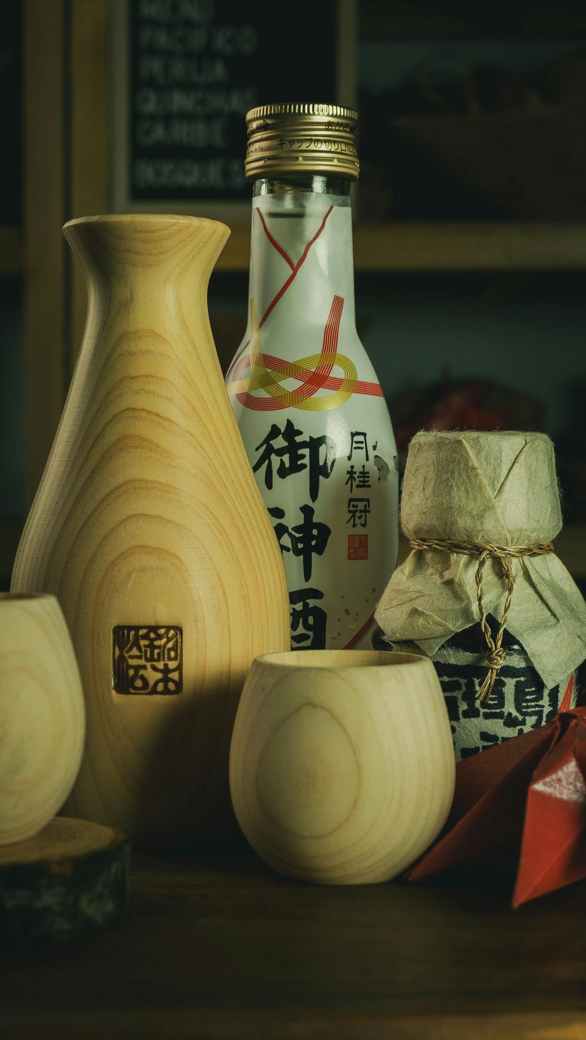 Osaka nightlife traditional Japanese sake vessels and bottles