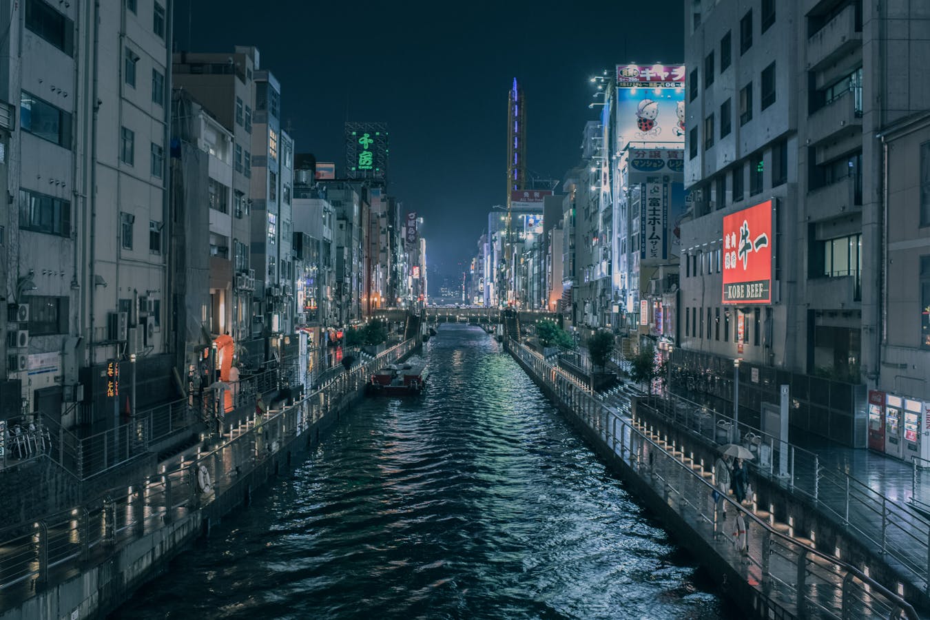 Illuminated riverside buildings at Nakanoshima during the Osaka illuminations season