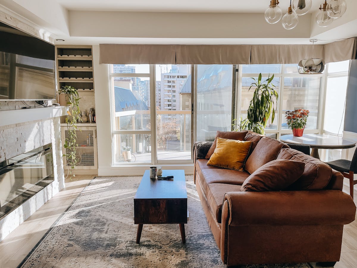Stylish living room with cityscape view - Osaka Airbnb vacation rental