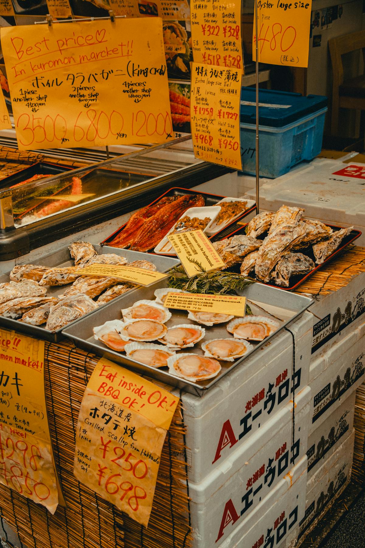 Fresh seafood display at Kuromon Market — essential stop on any Osaka shopping trip