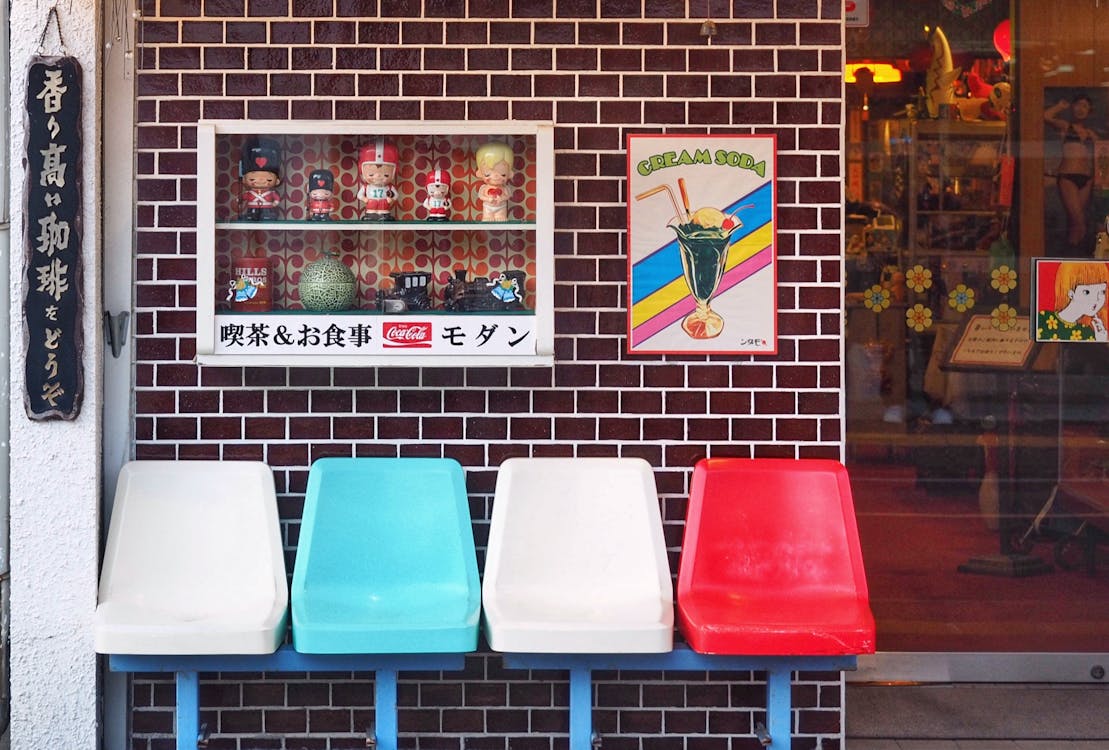 Vintage Japanese cafe with colorful retro decor - cafe culture Osaka hidden gems