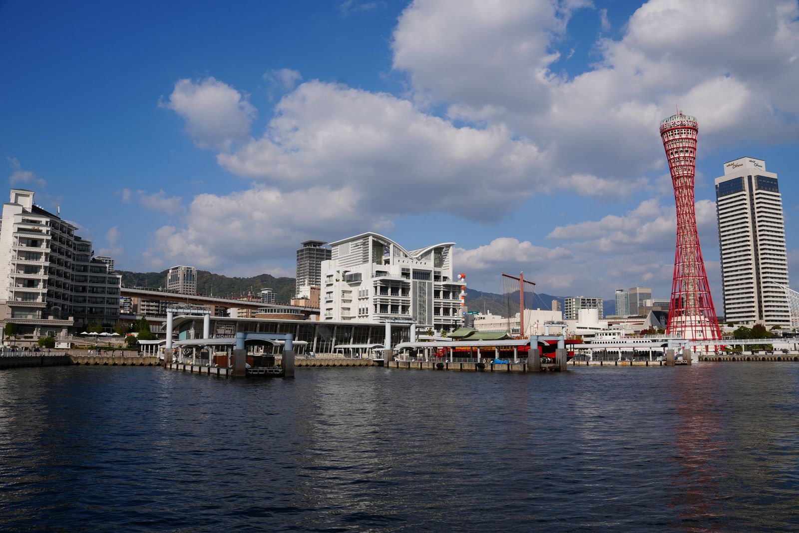 Kobe Port Tower and the Meriken Park waterfront on Kobe harbor