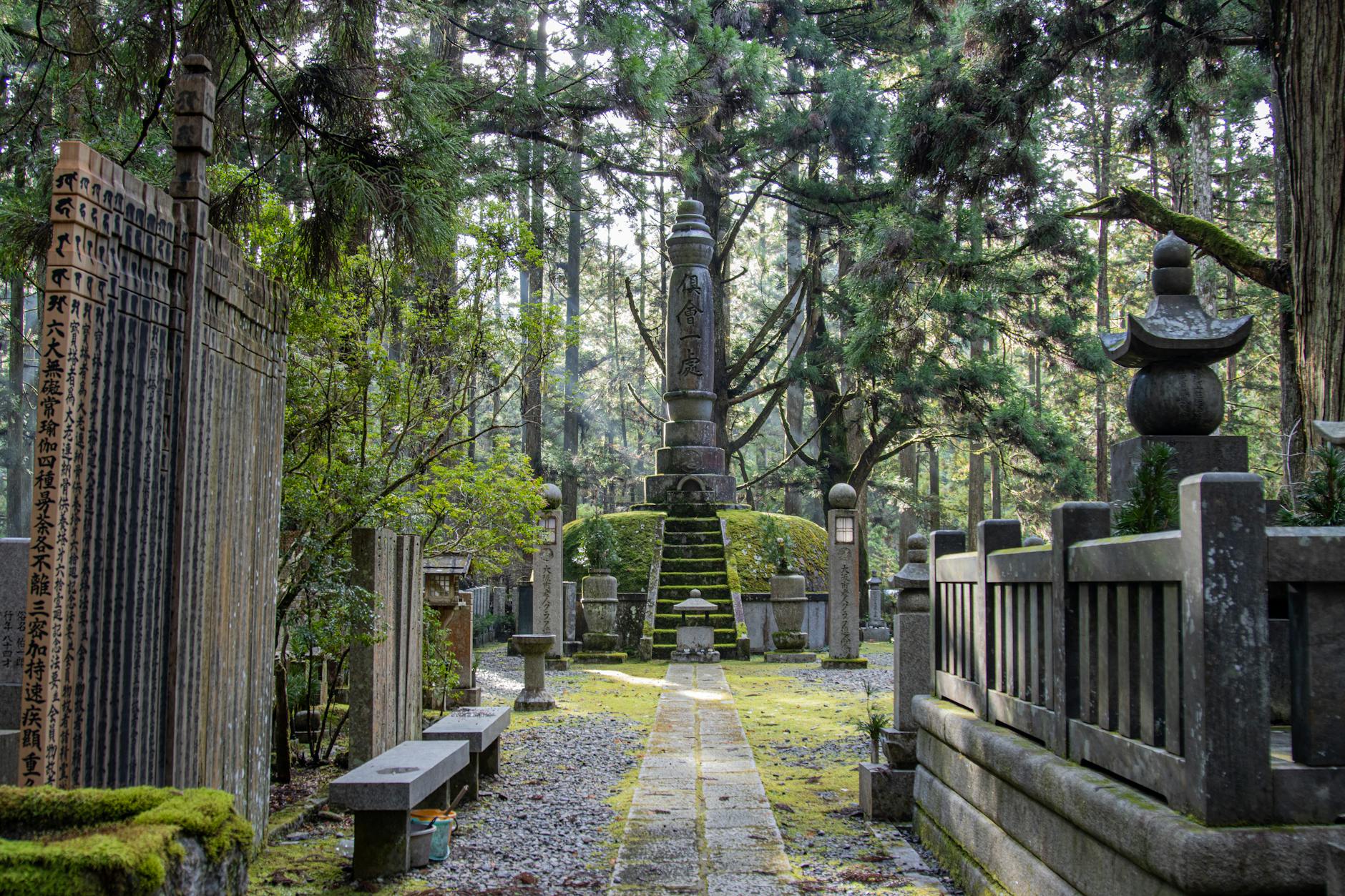 Okunoin cemetery path through towering cedars on Mount Koya