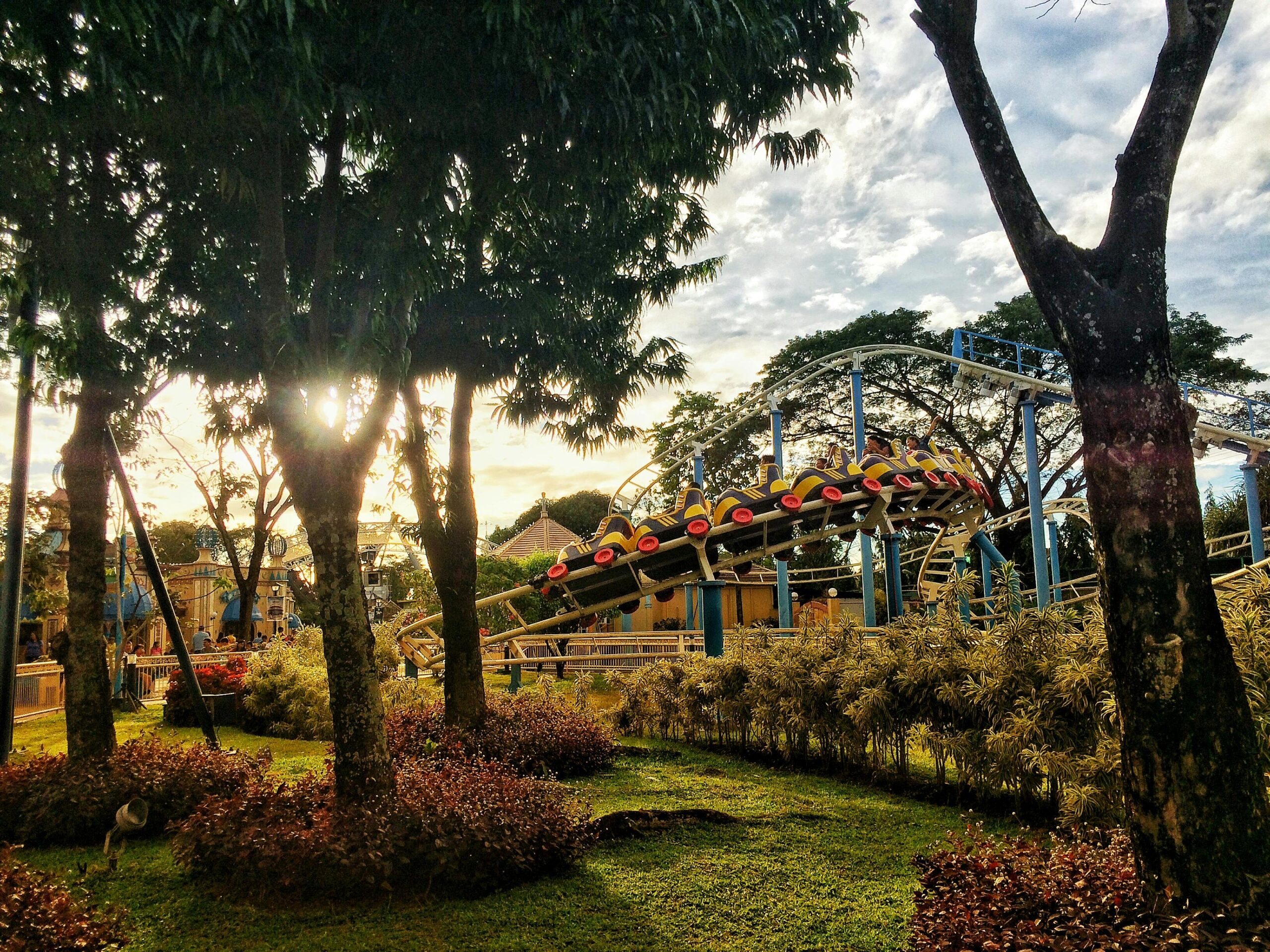 A roller coaster winding through a theme park, like the rides at Universal Studios Japan