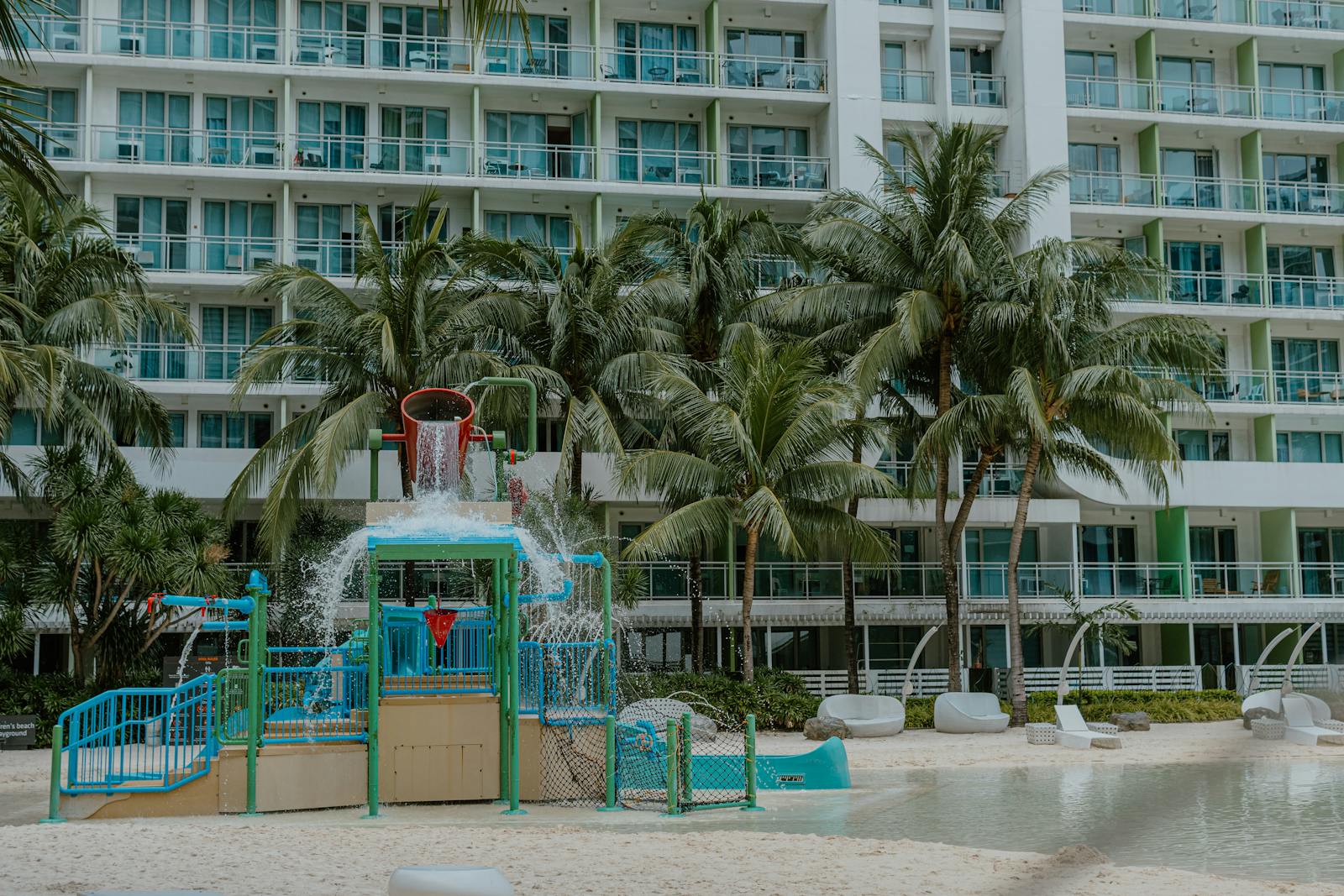 Children at a hotel water-play area, a feature of some family hotels in Osaka
