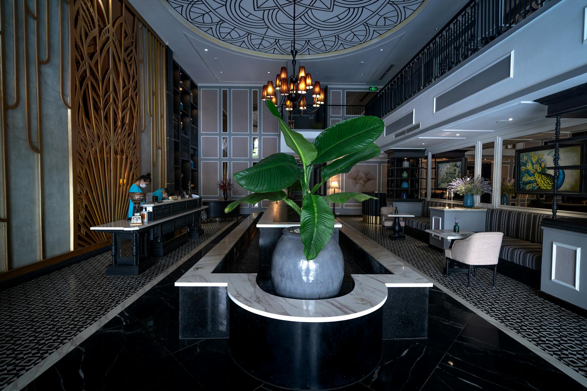 Grand lobby with chandelier at a luxury hotel in Osaka