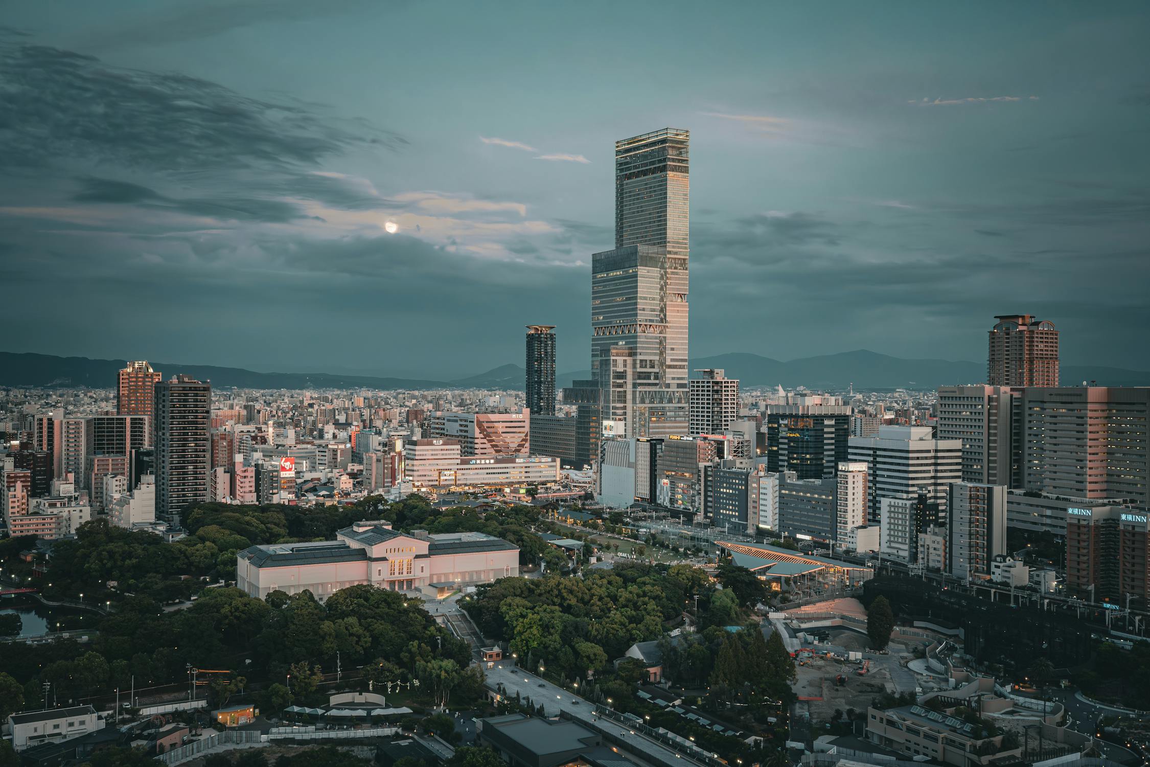 Osaka observation deck view of the skyline with Abeno Harukas at twilight