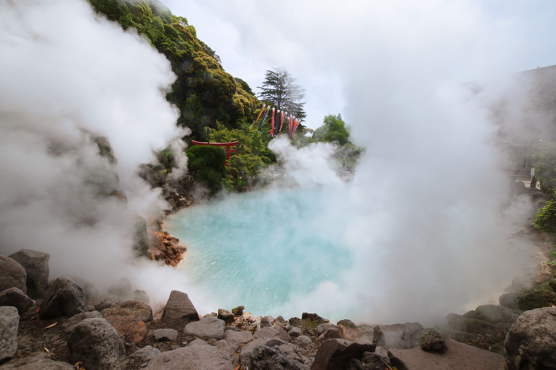 Outdoor onsen hot spring at a mountain ryokan near Osaka