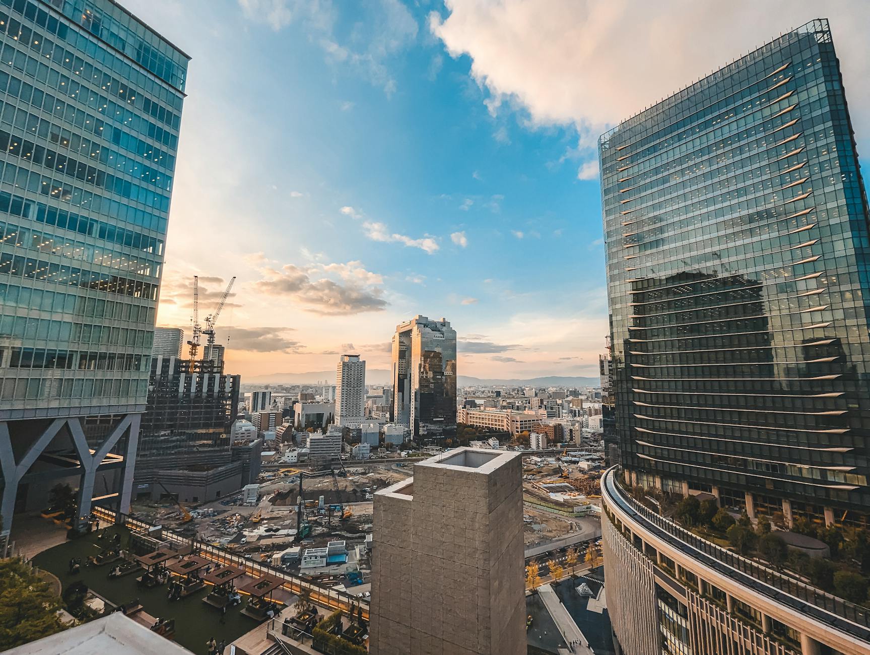 Glass-tower skyscrapers in the Umeda business district seen from the Umeda Sky Building in Osaka