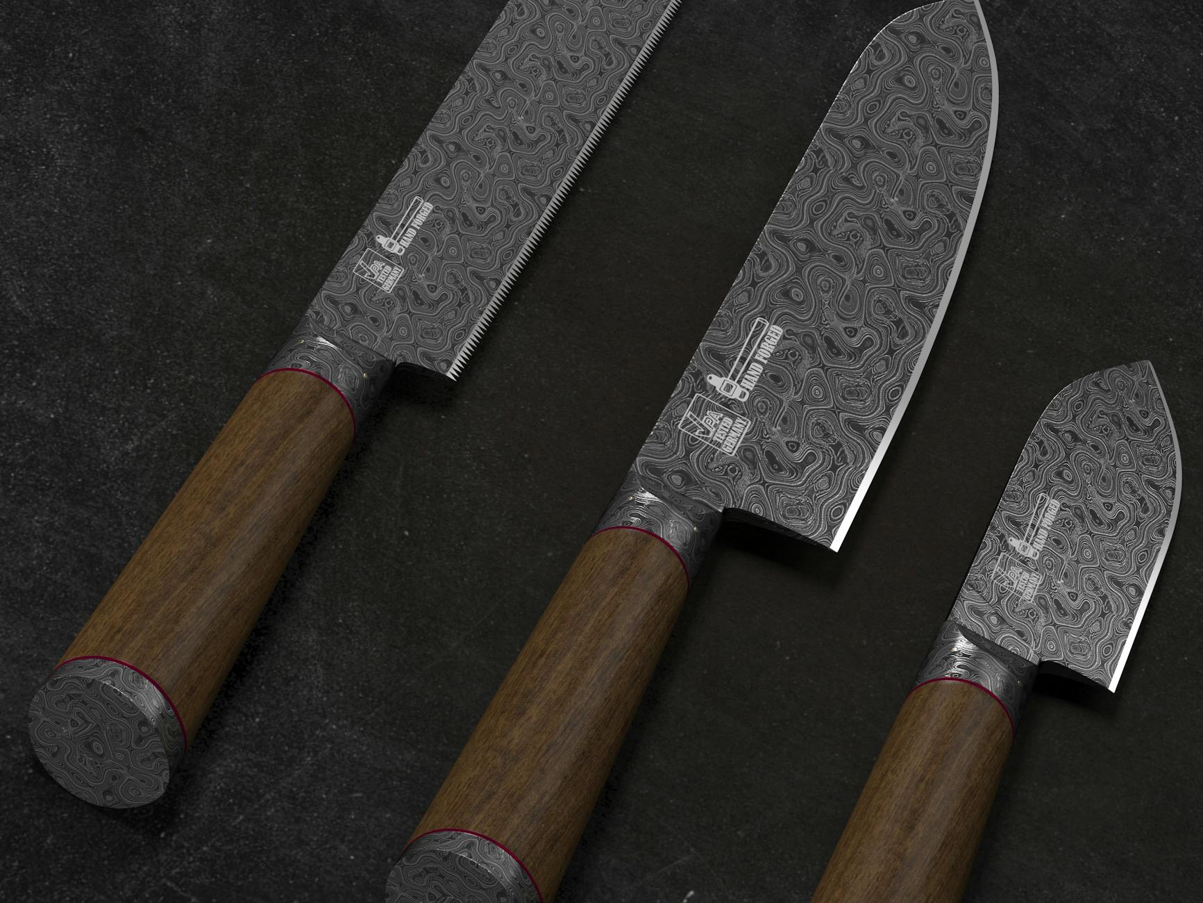 A set of finished Japanese chef knives like those forged in Sakai City Osaka