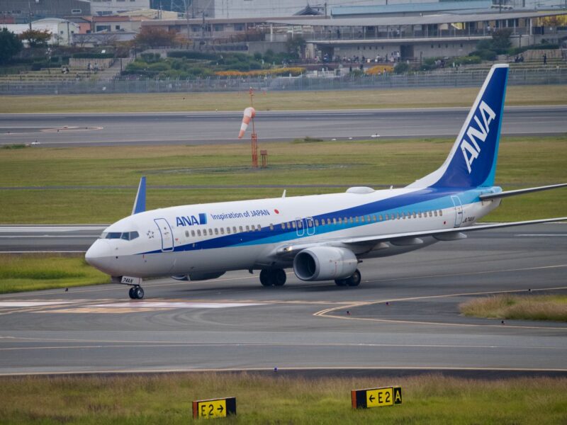 An ANA Boeing 737 taxiing across a grassy airfield, with a terraced viewing area behind