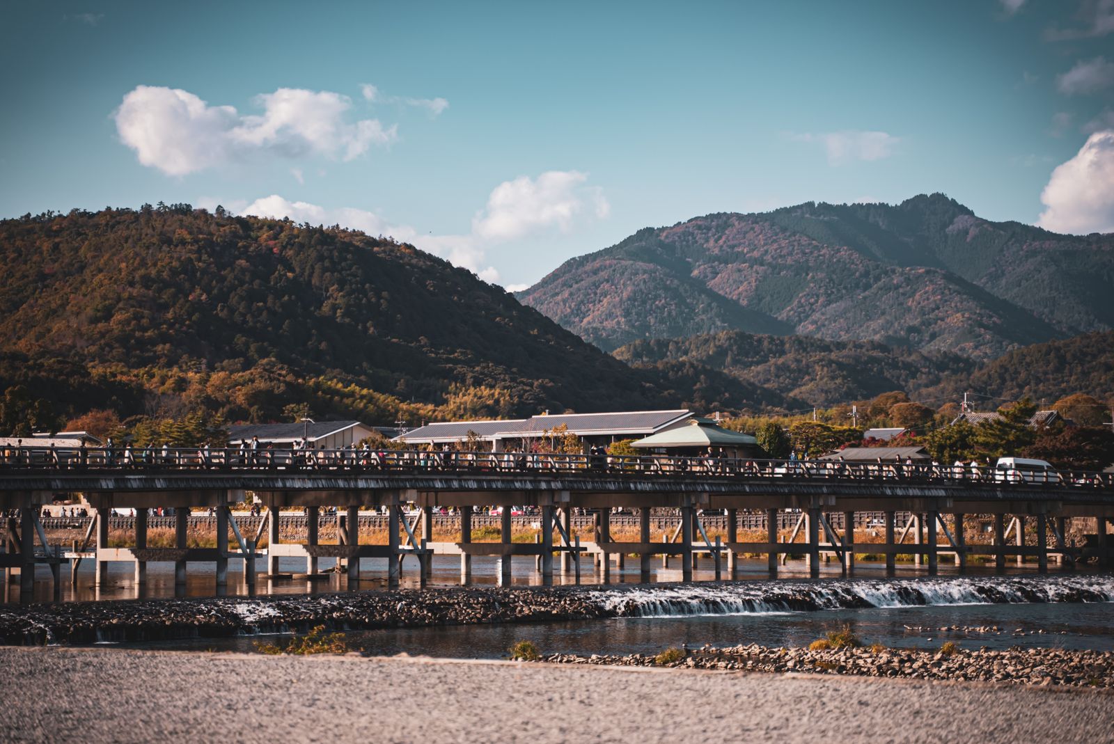 The Togetsukyo Bridge crossing the river at Arashiyama, with autumn-coloured hills behind