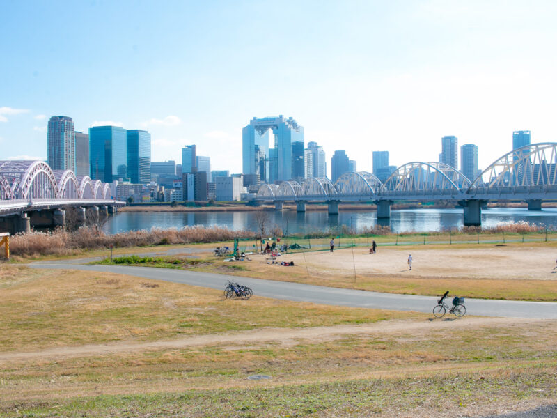 A cyclist follows the Yodo River path in Osaka, with arched bridges and the Umeda skyline beyond the riverside fields.