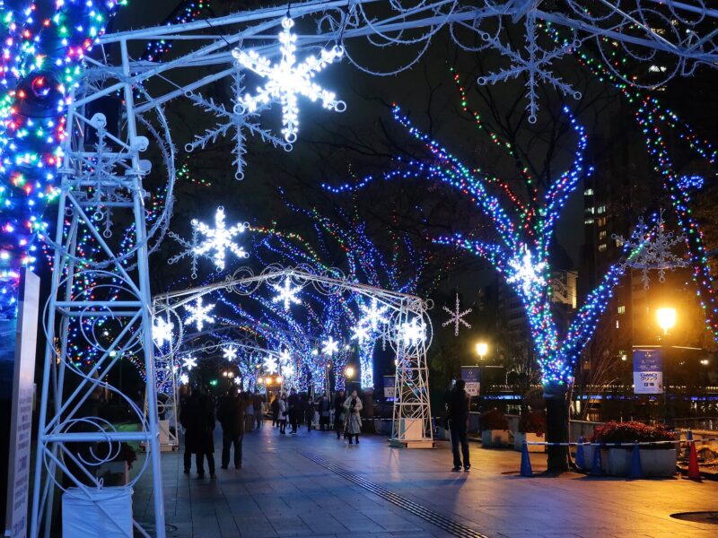 White snowflake arches and multicolored tree lights frame an evening walkway on Nakanoshima in Osaka.